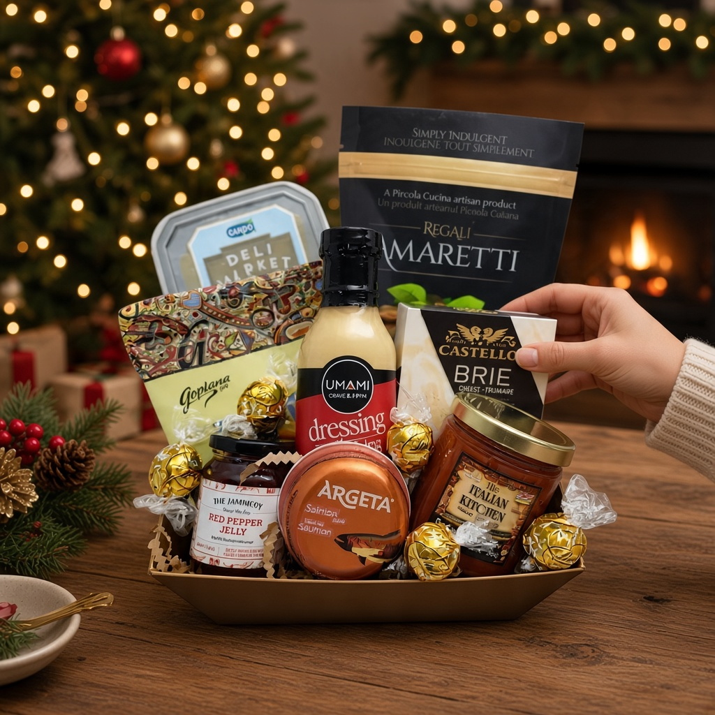 Kelowna Baskets gluten-free gift hamper featuring artisanal snacks, sauces, and chocolates in a festive setting.
