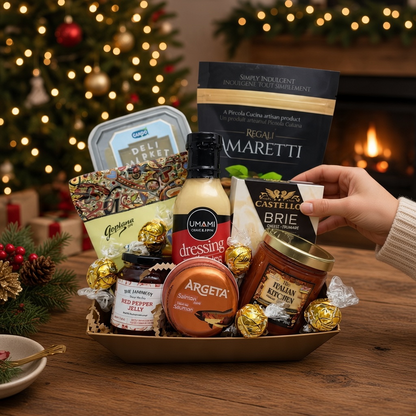 Kelowna Baskets gluten-free gift hamper featuring artisanal snacks, sauces, and chocolates in a festive setting.