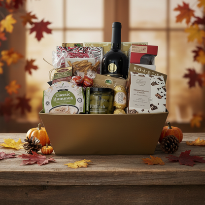 Kelowna Baskets wine gift basket featuring a bottle of red wine, gourmet snacks, and chocolates on a rustic table.