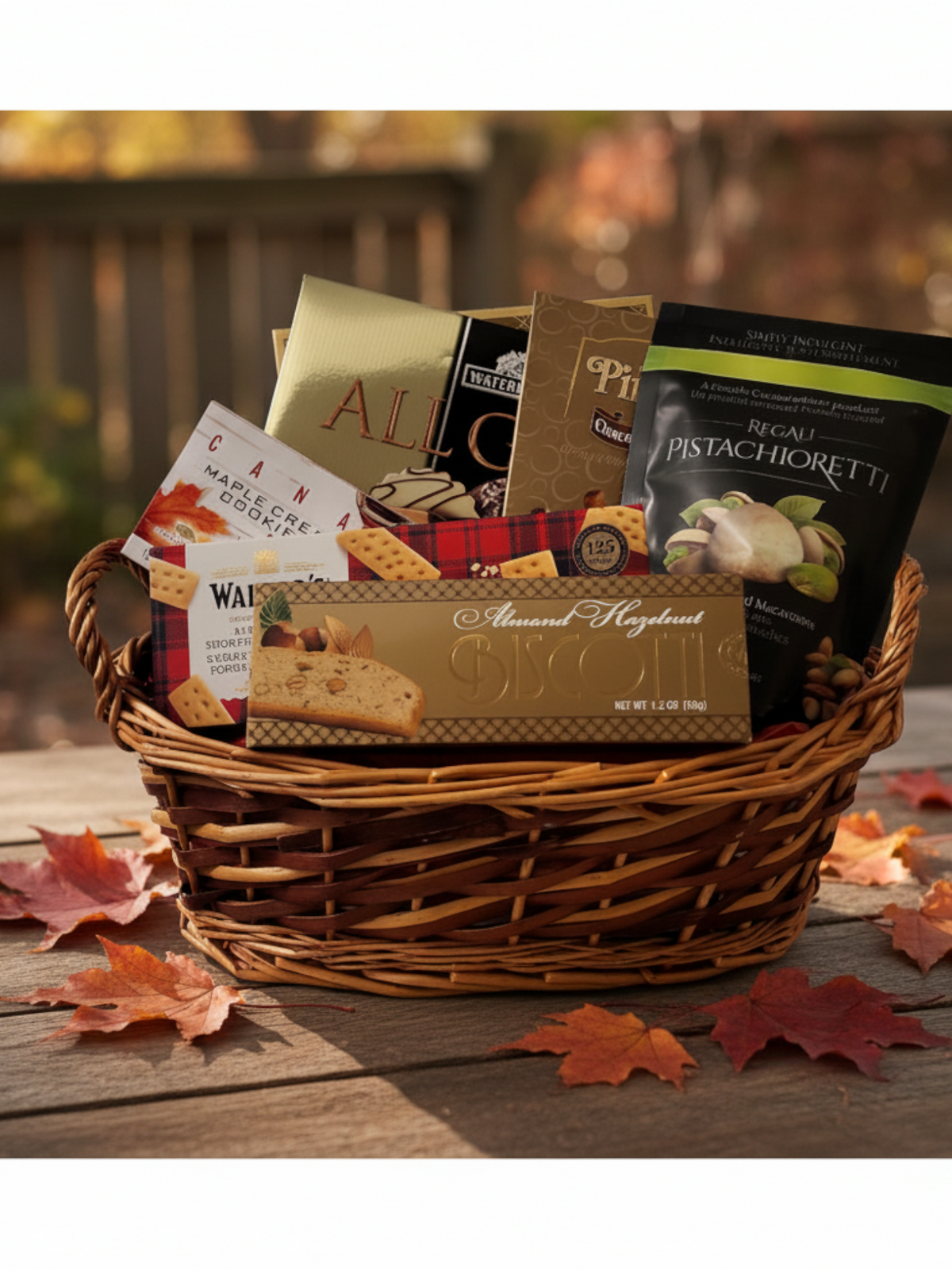 Kelowna Baskets cookie gift basket featuring assorted gourmet cookies and biscotti in a woven basket on autumn leaves