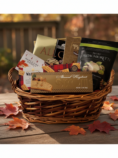 Kelowna Baskets cookie gift basket featuring assorted gourmet cookies and biscotti in a woven basket on autumn leaves