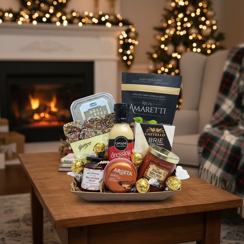 Kelowna Baskets Joy to Share gluten-free gift basket featuring gourmet snacks, sauces, and chocolates on a table.