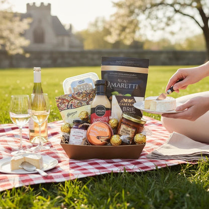 Kelowna Baskets gluten-free gift basket featuring artisanal snacks, brie cheese, and sauces on a picnic blanket.