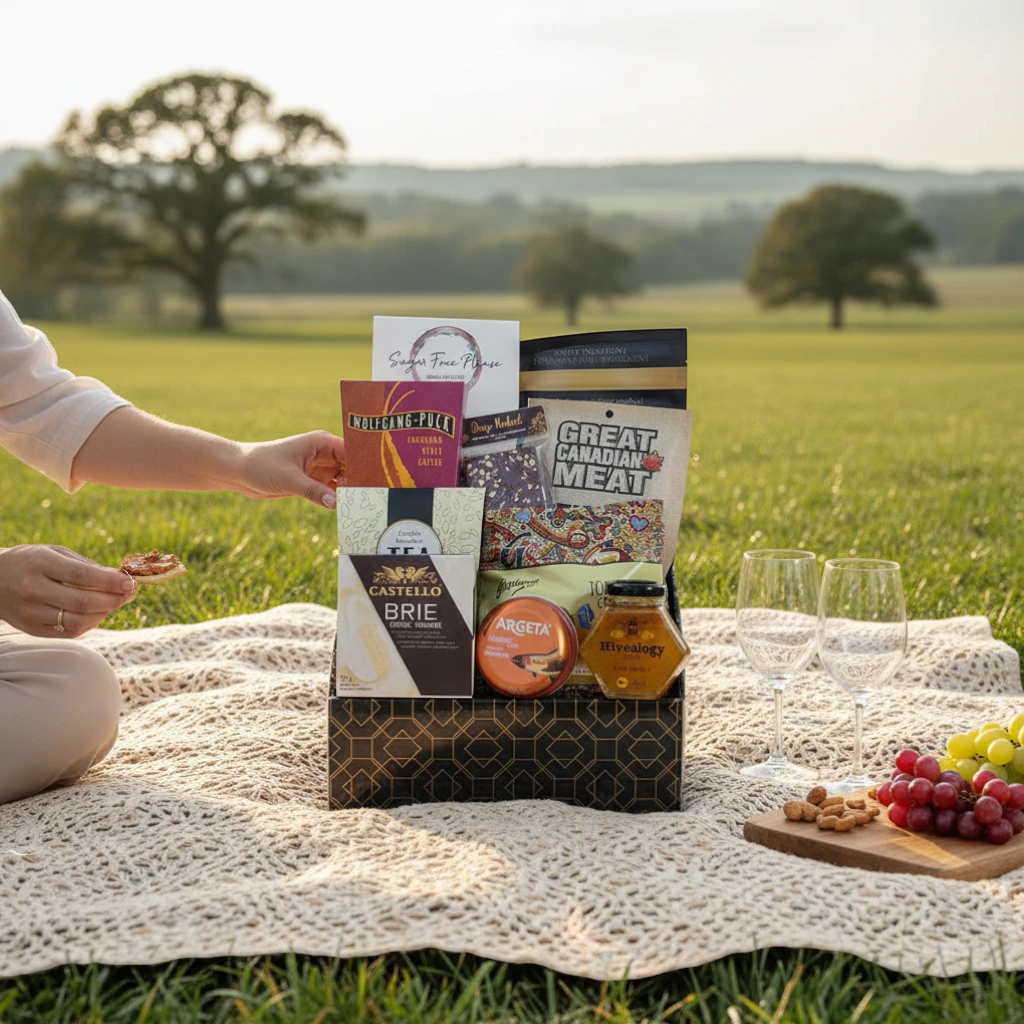 Kelowna Baskets Gluten Free Delight gift box featuring artisanal snacks and treats on a picnic blanket in a field.