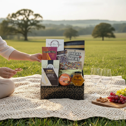 Kelowna Baskets Gluten Free Delight gift box featuring artisanal snacks and treats on a picnic blanket in a field.