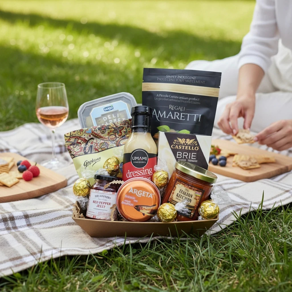 Kelowna Baskets gluten-free gift basket featuring artisanal snacks, sauces, and chocolates on a picnic blanket.
