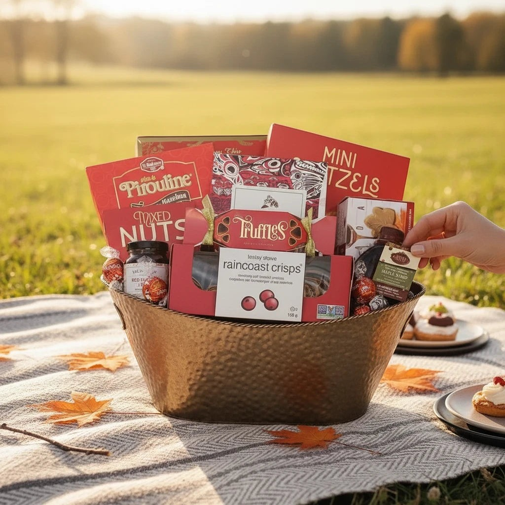 Kelowna Baskets A Touch of Gold gourmet gift basket in an embossed gold planter on a picnic blanket in autumn.